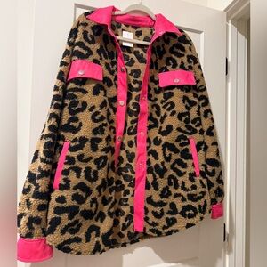 Leopard Print Sherpa Shacket with Neon Pink Accents